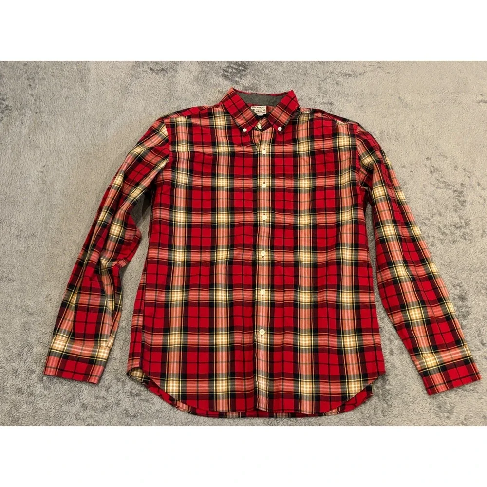 J Crew Mens Large Red Plaid Cotton Button Down Slim Fit Woven Shirt Long Sleeve