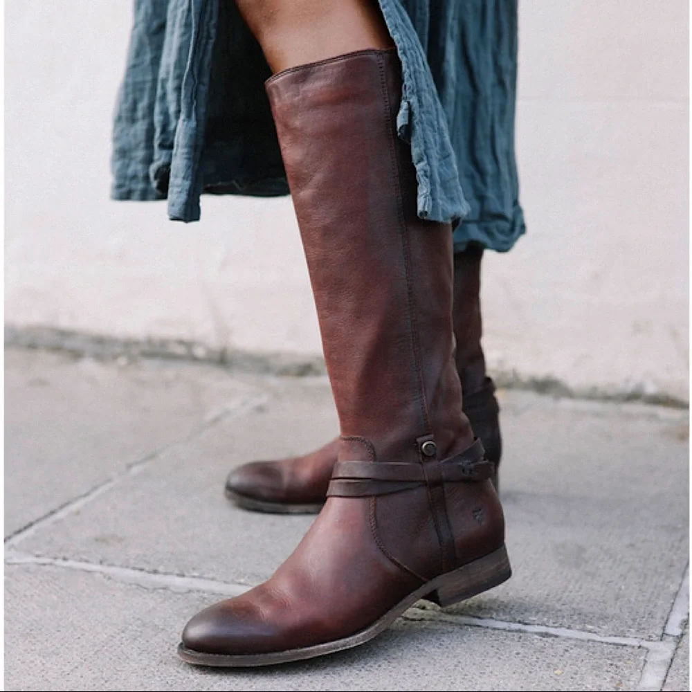 $398 Frye Melissa Belted Brown Fall Knee High Tall Genuine Leather Riding Boots
