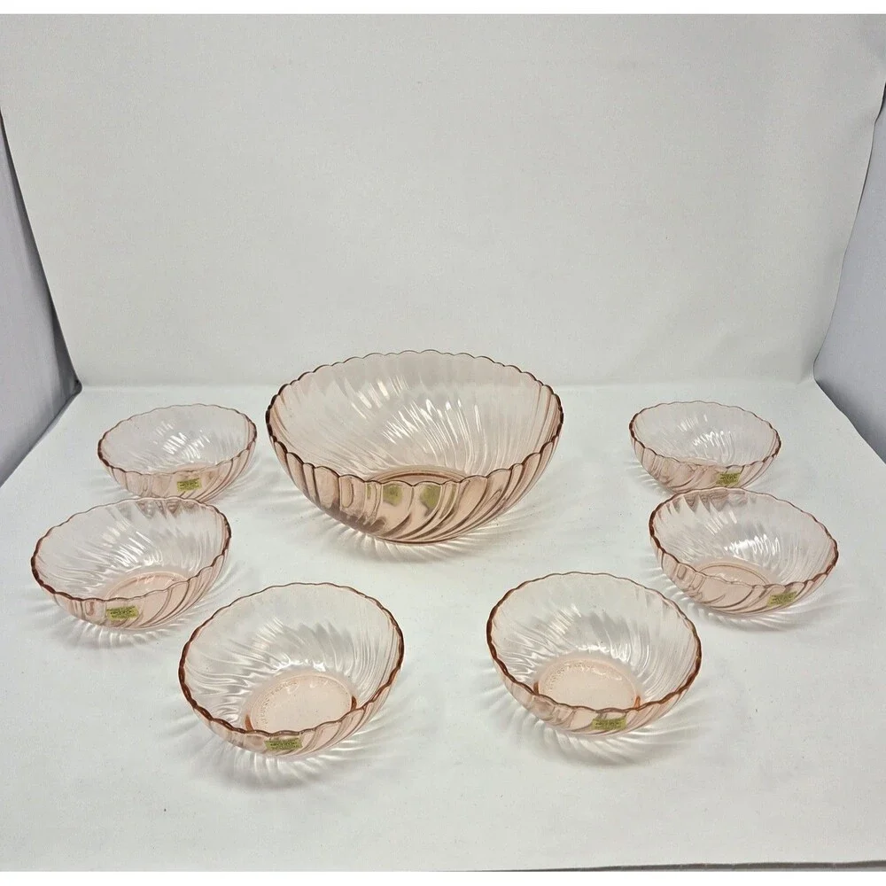 Arcoroc France Rosaline Pink Swirl Glass‎ Salad Bowl Set 7 Pc Vintage 1970s