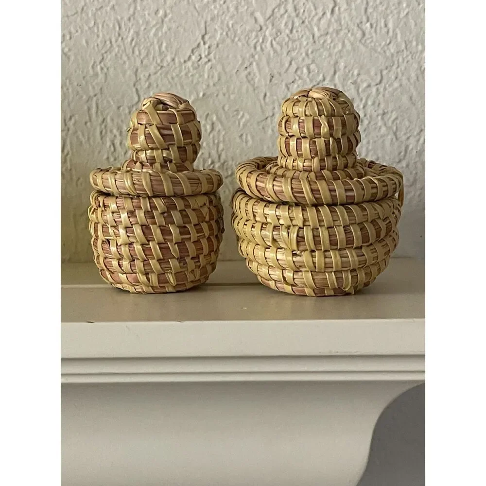 Set 2 Mini Sweetgrass Basket with Lids, Charleston South Carolina, 2.5