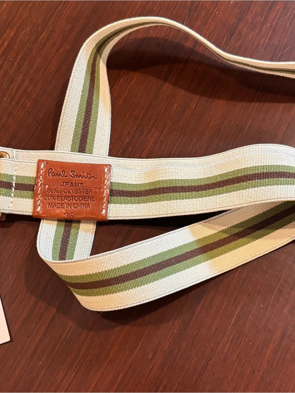 Paul Smith Cream Elastic belt with Green and Brown Stripes. SIZE 36/94.