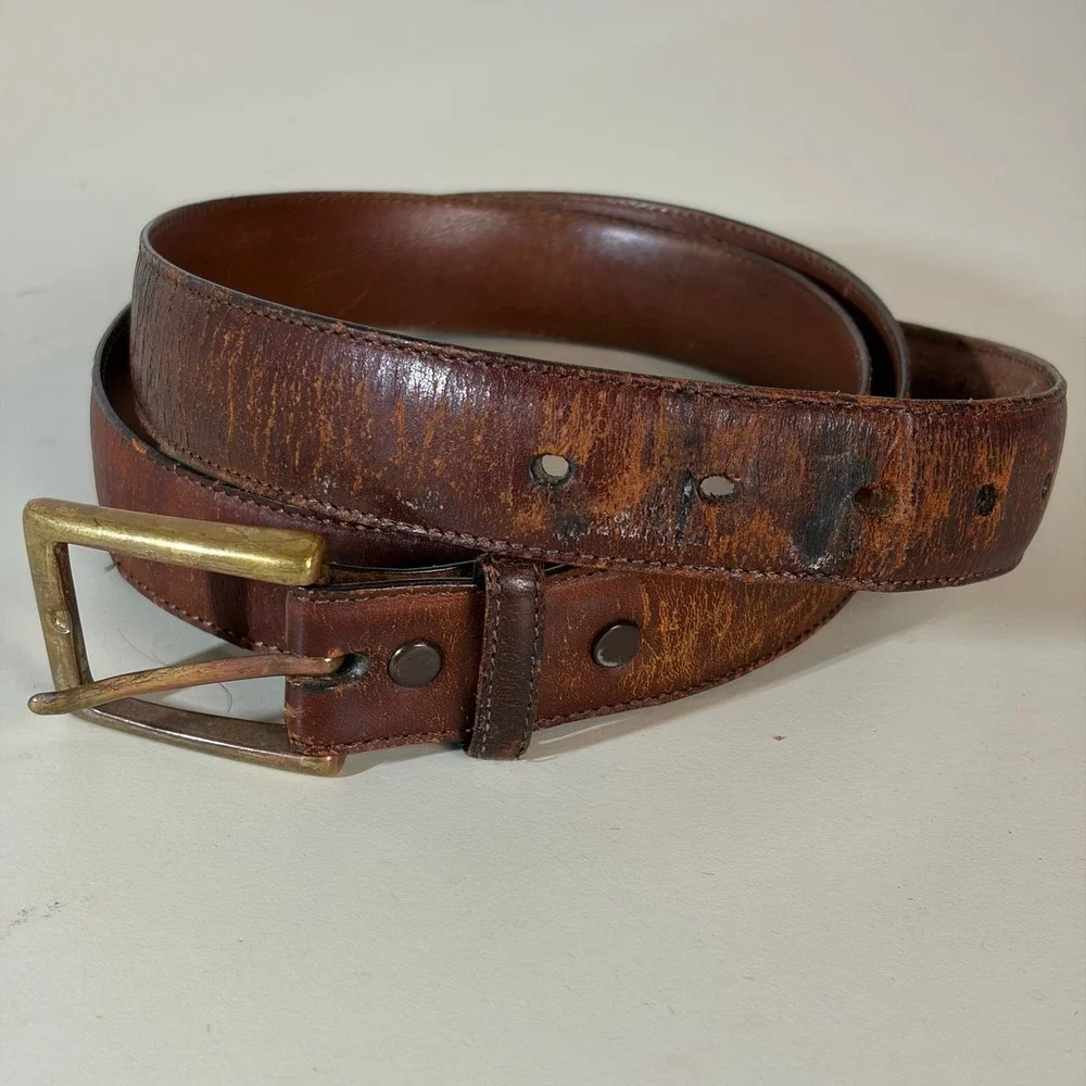 VTG Torino Aniline Kipskin Shoulders Brown Leather Belt Brass Buckle USA Made 36