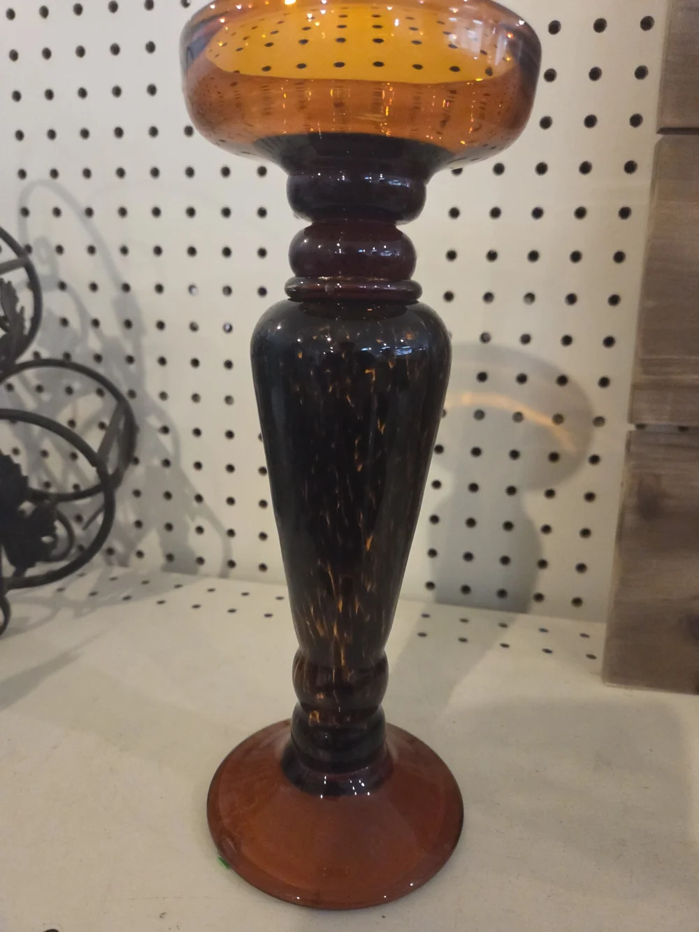 Murano style art glass candle holder in amber with a tortoise shell pattern