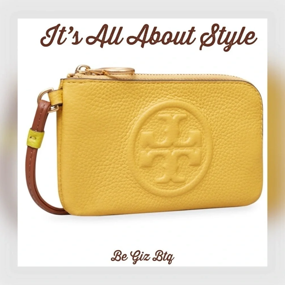 🔥🔥 NWT Tory Burch Authentic Perry Bombé Leather ZipCard Case Yellow NWT