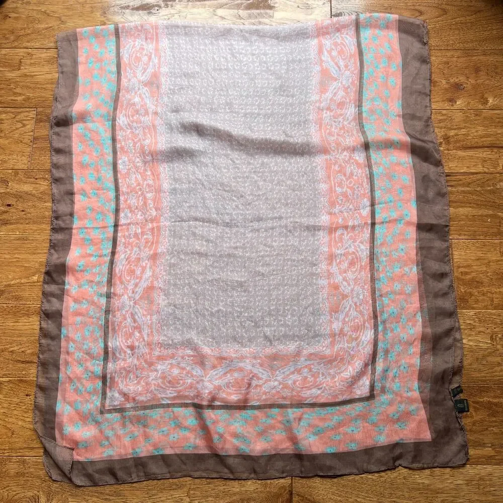 Sheer Floral Peach Brown Aqua Sheikha Head Scarf Shawl Rectangle