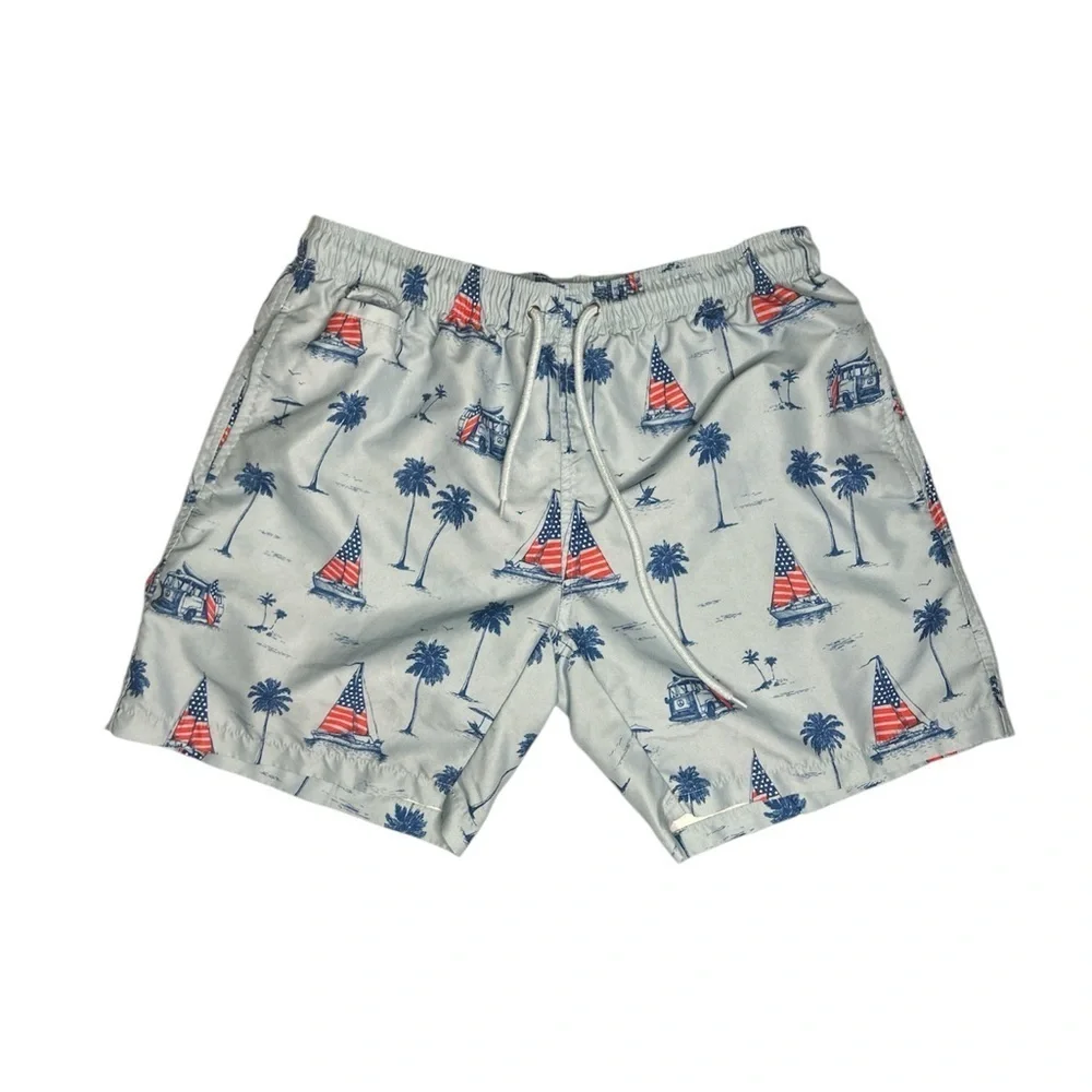Free Planet Men's Swim Trunks with Palm Tree and Sailboat Print