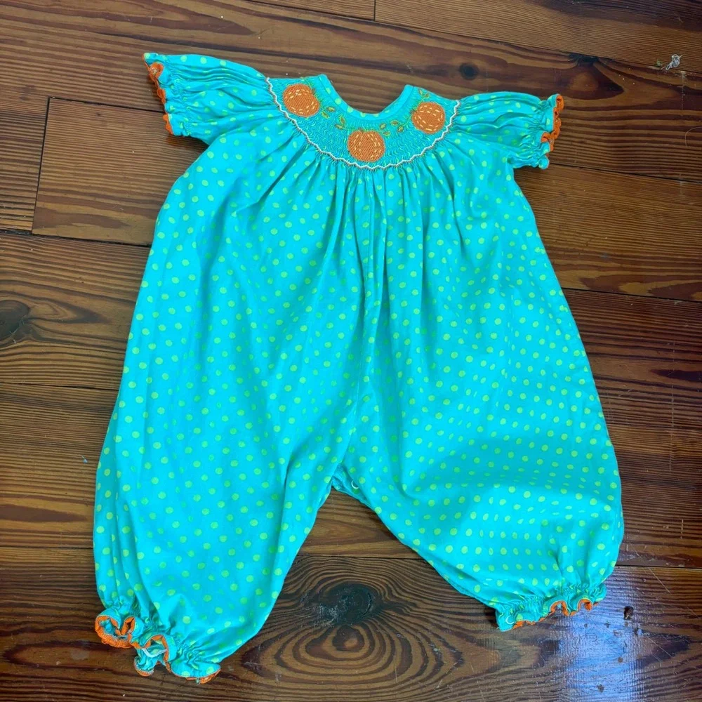 Smocked Auctions Baby Girls Romper 12M Smocked Pumpkin Polka Dot Blue Orange