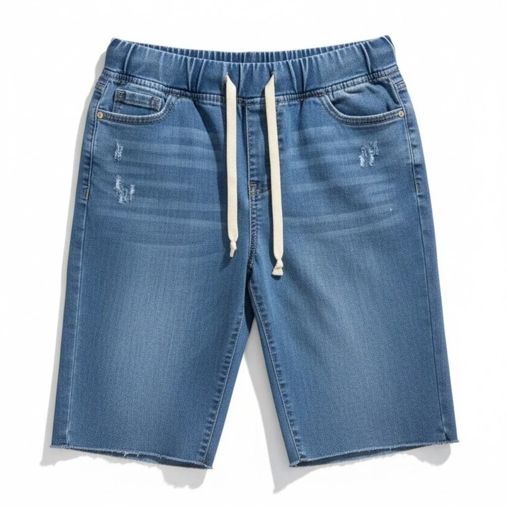 Energie Denim Bermuda Shorts, Medium Wash Elastic Waist, Woman's Size 9, Raw Hem