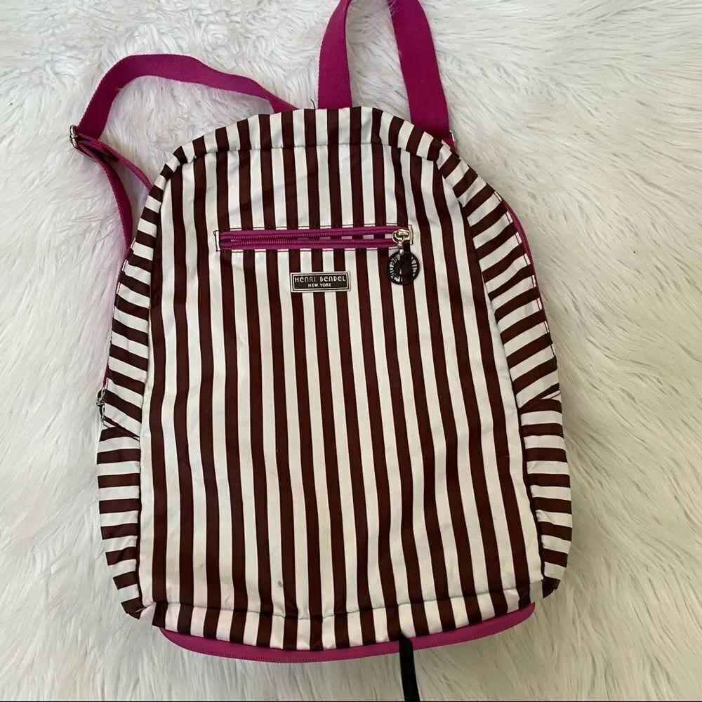 Henri Bendel Brown White Striped Nylon Backpack