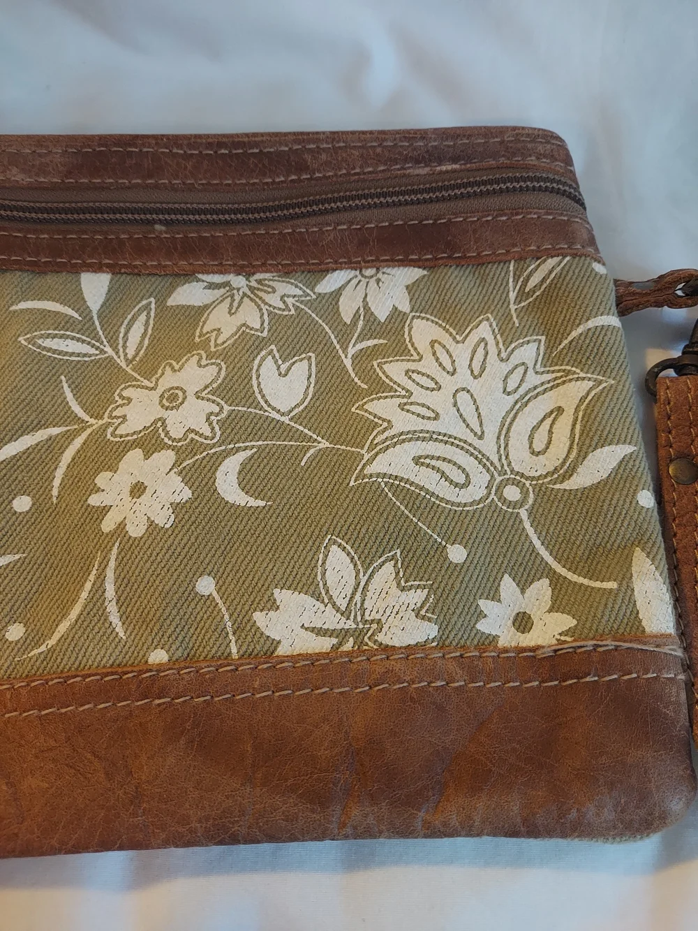Myra Bag Green N Tan Canvas Leather Wristlet Pouch Floral Boho