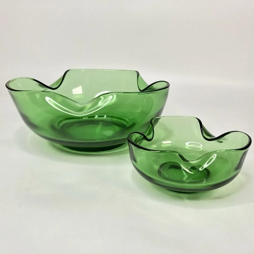 Vtg Anchor Hocking Forest Green Chip N Dip Bowls MCM 2pc Set (No Hanger)