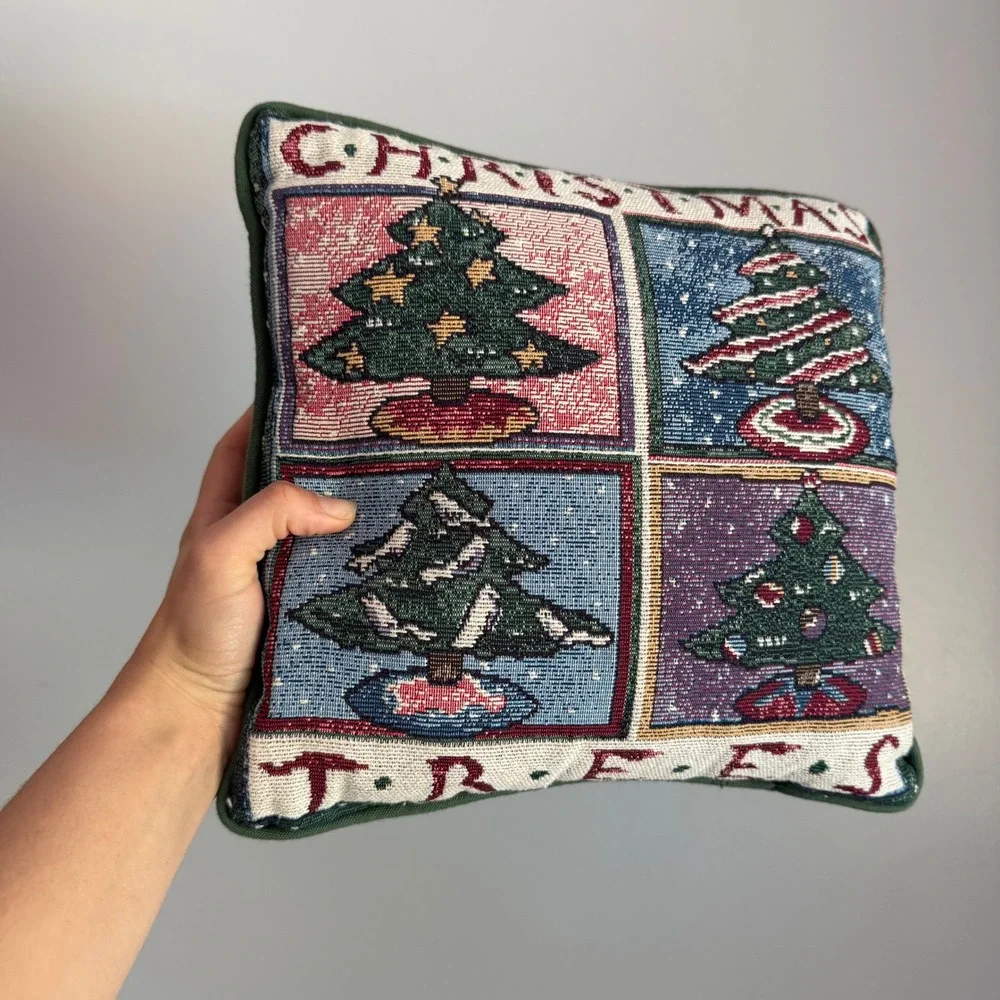Vintage Christmas Trees Woven Tapestry Throw Pillow Green Holiday Decor 10.5in