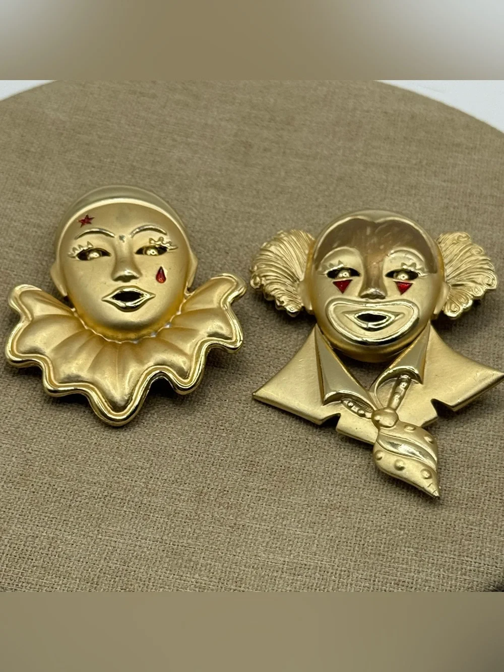 Set of two Gold Clown Face Pin Brooches - Pair