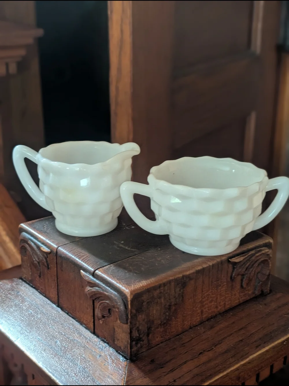 Vintage Jeanette Vintage Milk Glass Cream and Sugar Geometric EUC