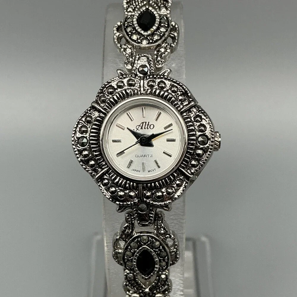 Alto Marcasite Womens Watch 24mm Silver Tone Dress Bracelet New Battery 7.25