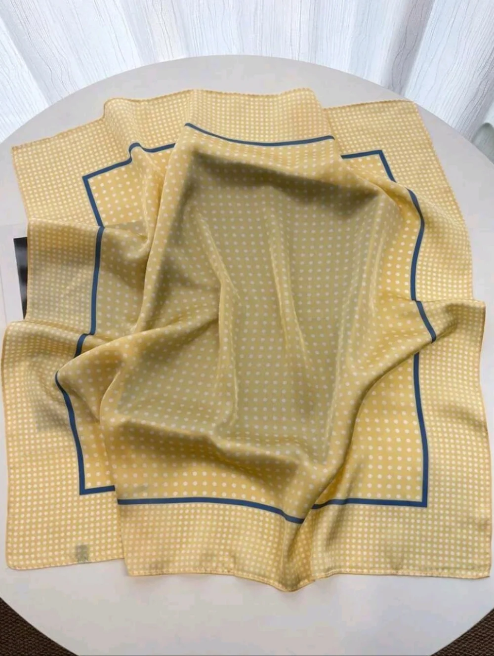 Yellow Polka Dot Satin Scarf with Navy Border Summer Beach Festival Vacation