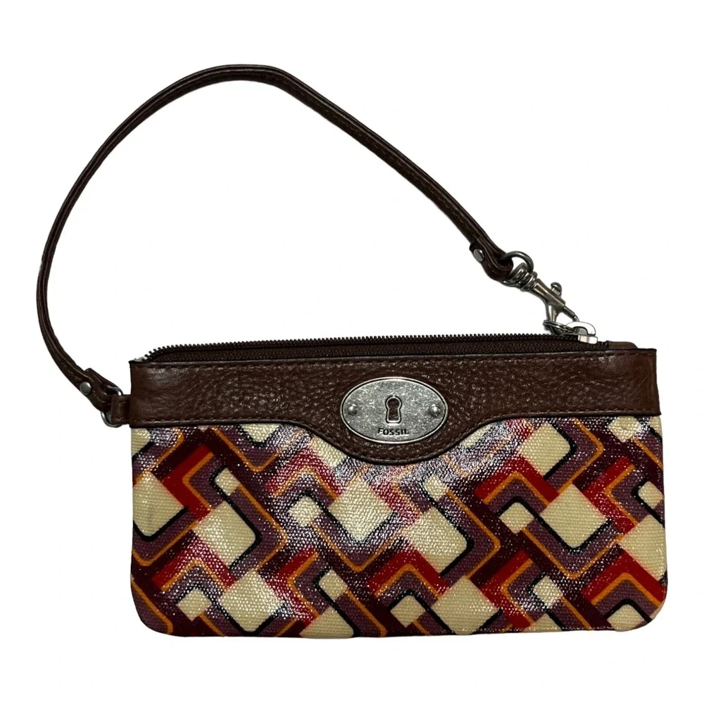 Fossil Wristlet Wallet Key Per Brown Coated‎ Canvas Geometrical Retro Print 70s