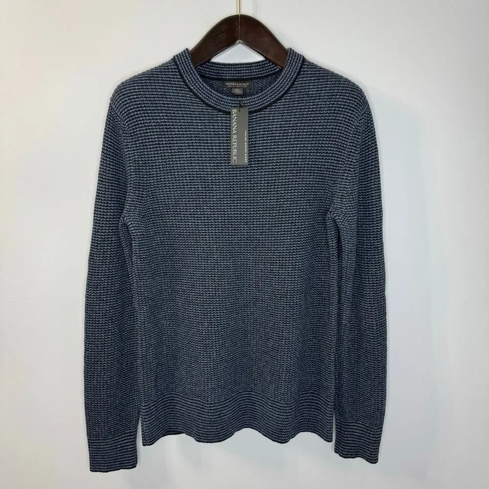 Banana Republic Mens Adrano Striped Italian Wool Blend Sweater Preppy Navy L