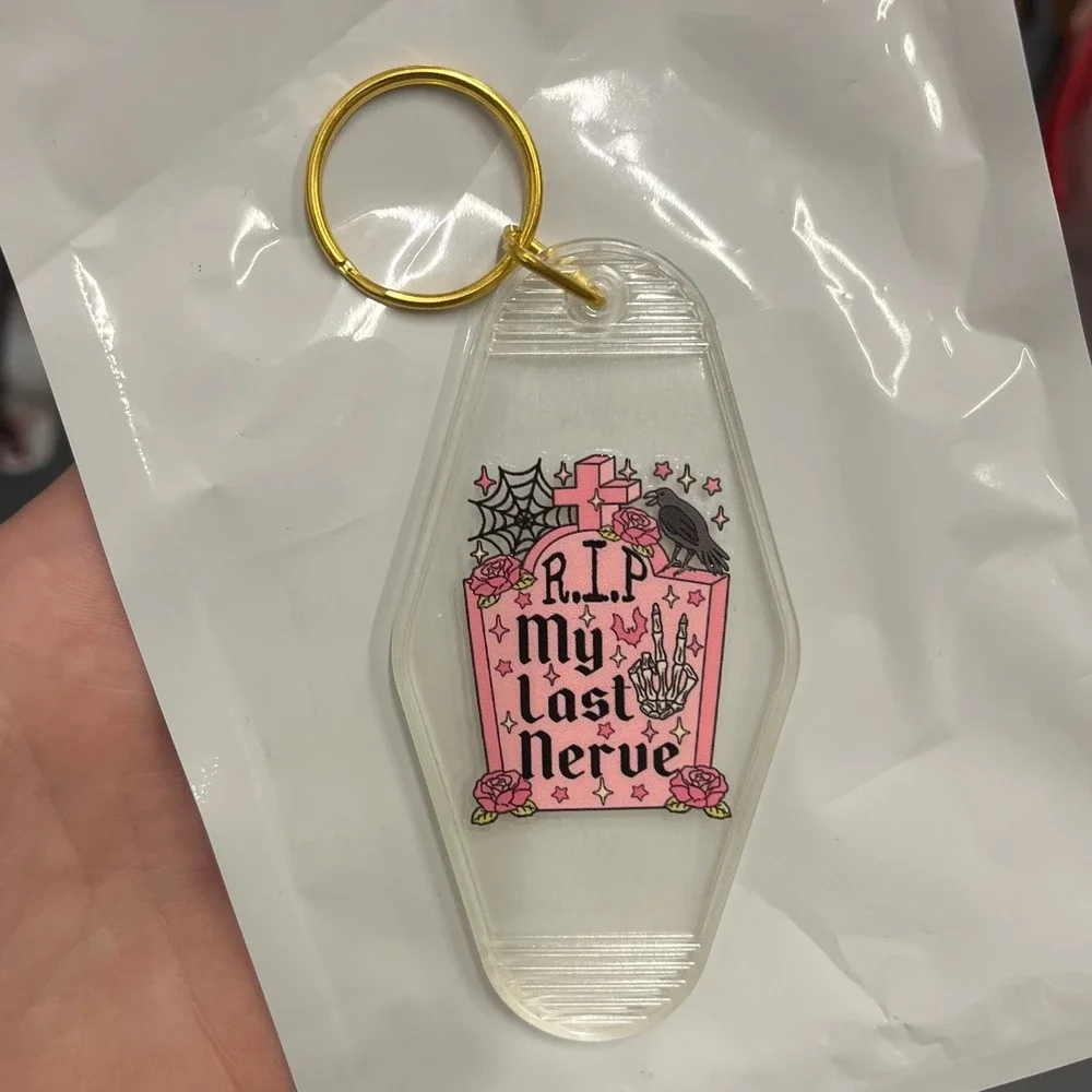 RIP My Last Nerve Motel Keychain Clear Acrylic Pink Gothic Tombstone Key Fob