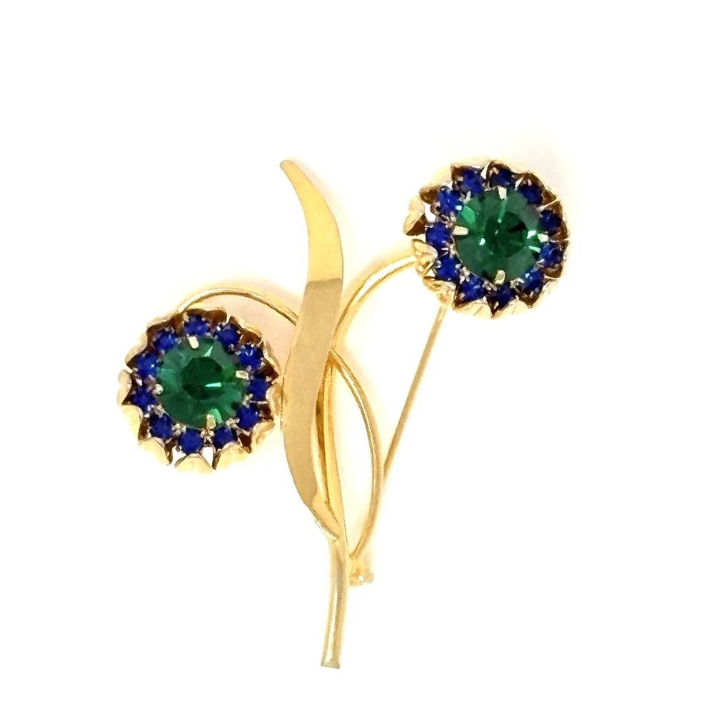 Vintage Green And Blue Rhinestone Goldtone Flower Brooch 2-1/2