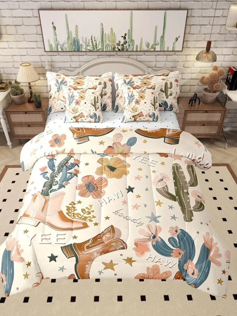 7pcs Cute Cowgirl Comforter Set Queen Size, Country Western Cowboy Boots Bedding