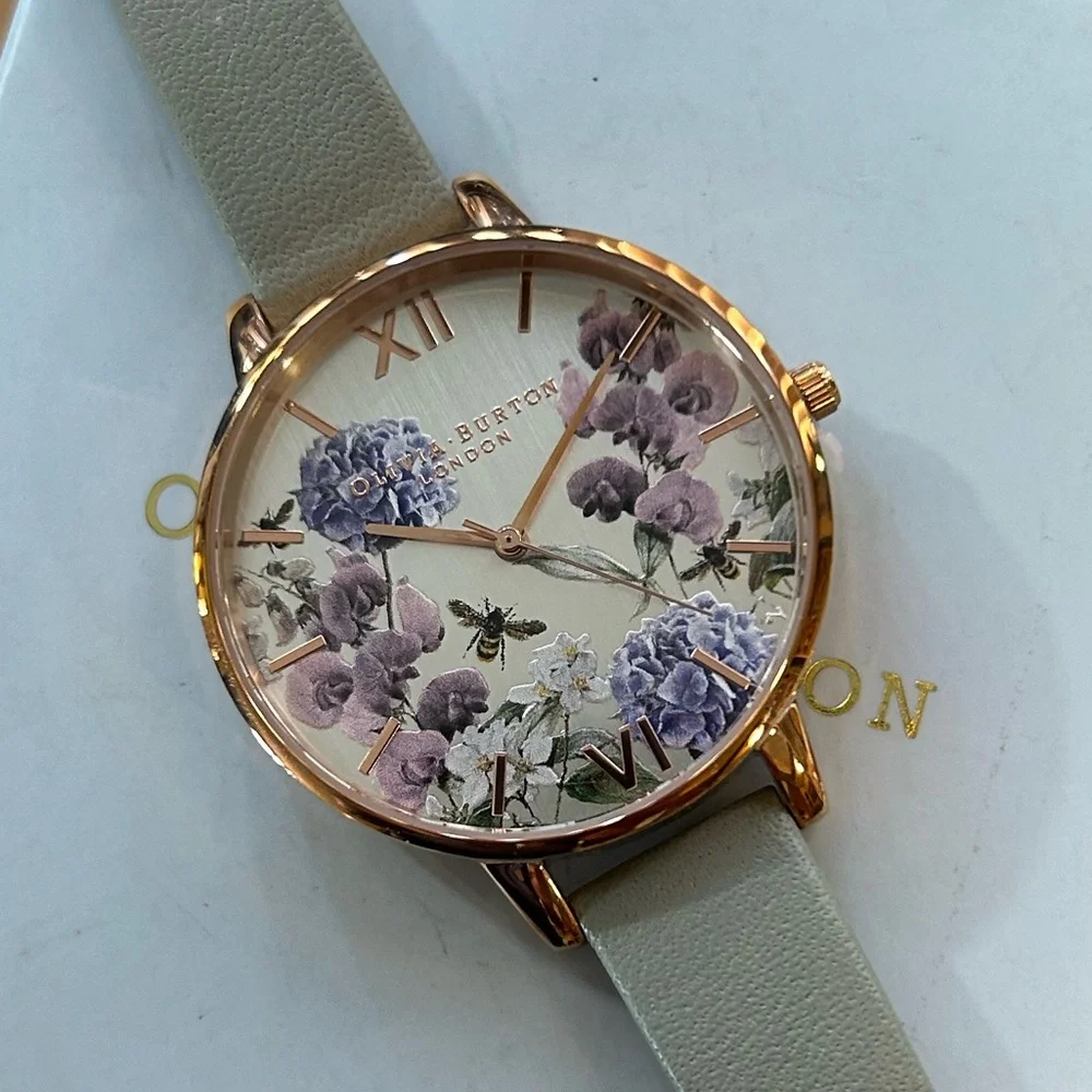 OLIVIA BURTON ENCHANTED GARDEN WATCH WITH 38mm SILVER FLORAL FACE & GREY BAND