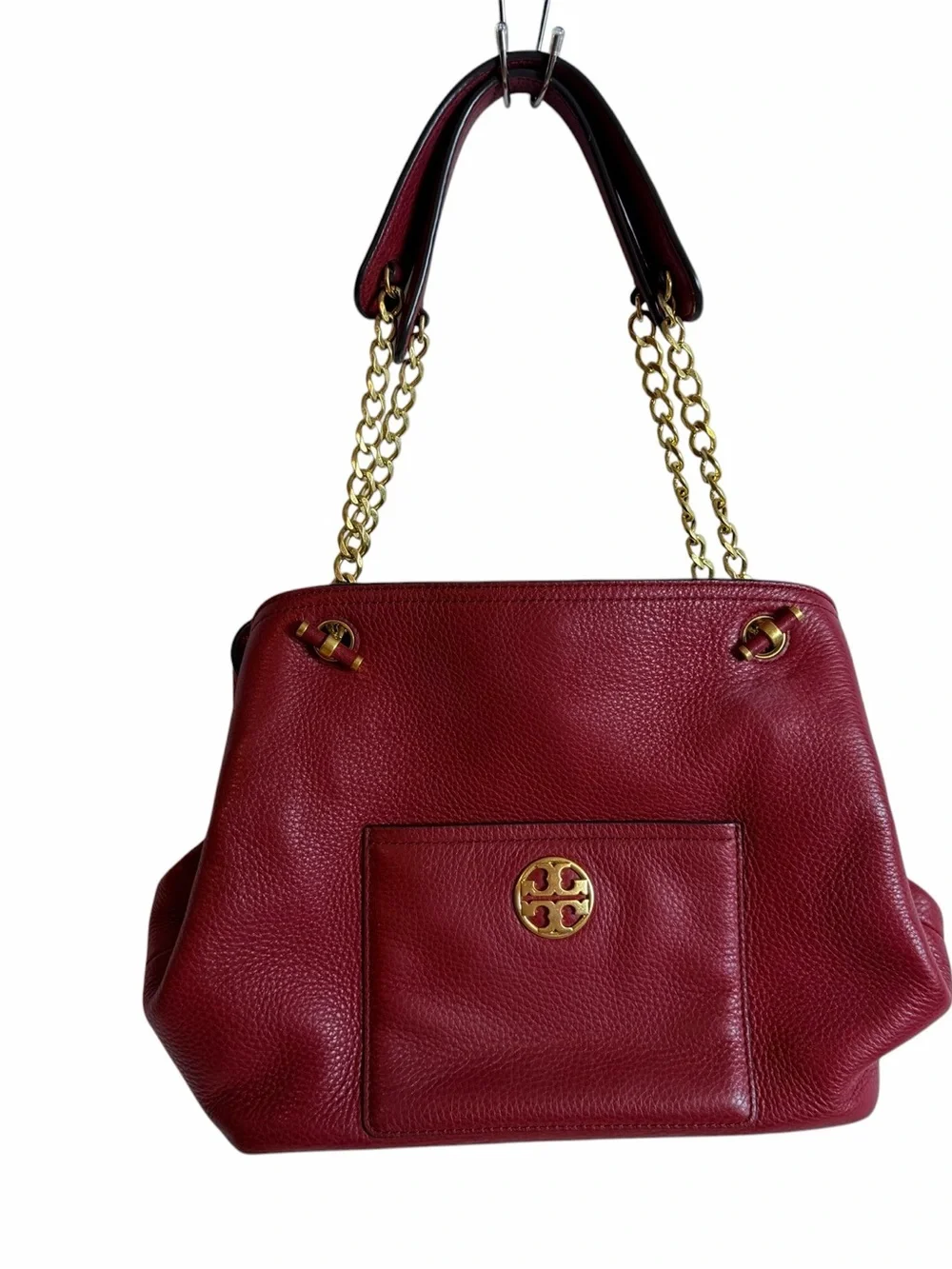 Tory Burch Deep Red Pebbled Leather Gold Chain Shoulder Tote Bag