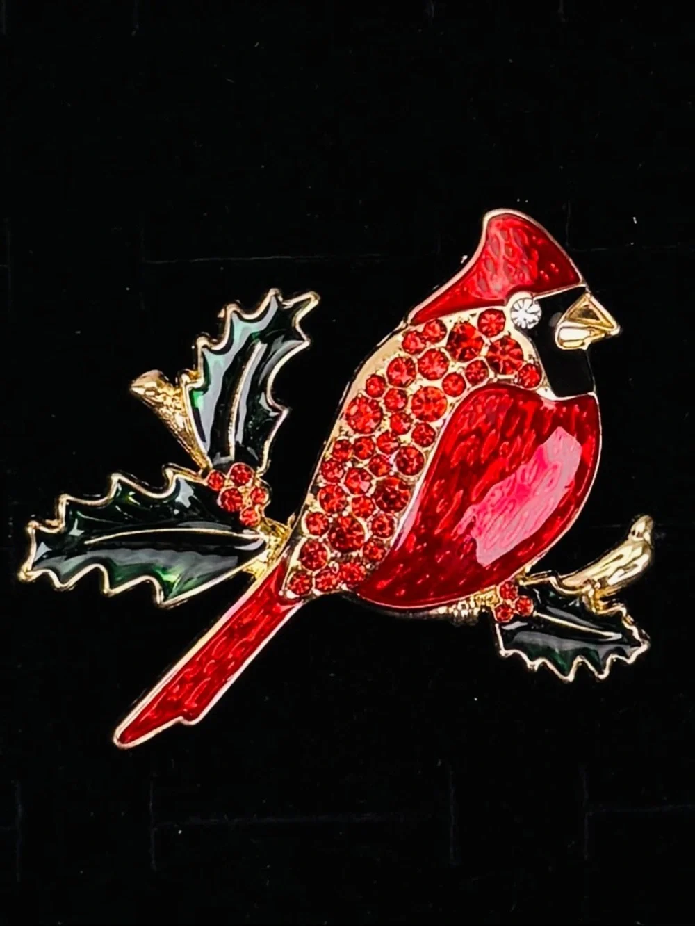 Vintage goldtone, festive red green bird on branch brooch