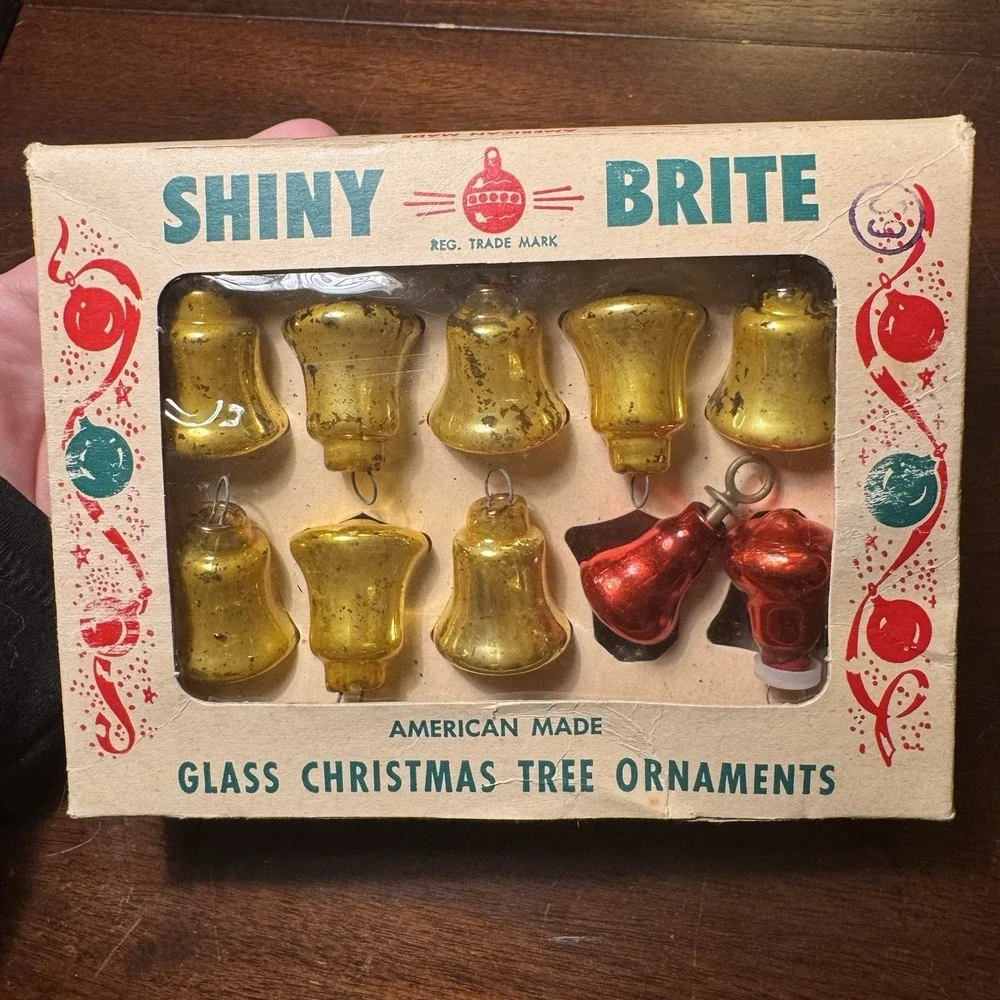 Vintage Shiny Brite Glass Tree Ornaments Bells ~ 8 Gold, 2 Red ~ 2 Wire Hangers