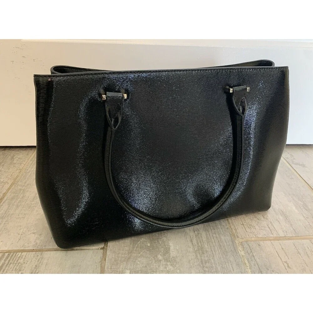KATE SPADE Black Leather Shiny Glossy Designer Tote Shoulder Bag Classic Chic