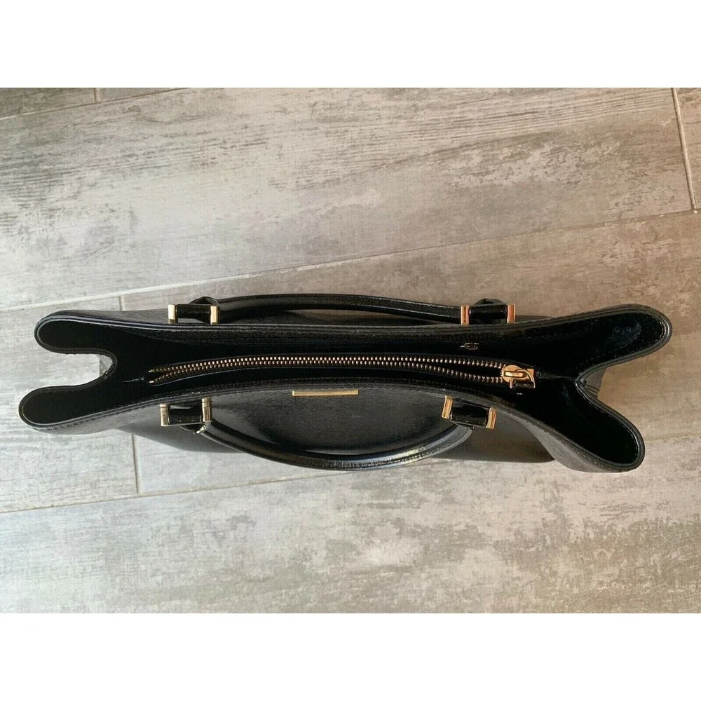 KATE SPADE Black Leather Shiny Glossy Designer Tote Shoulder Bag Classic Chic