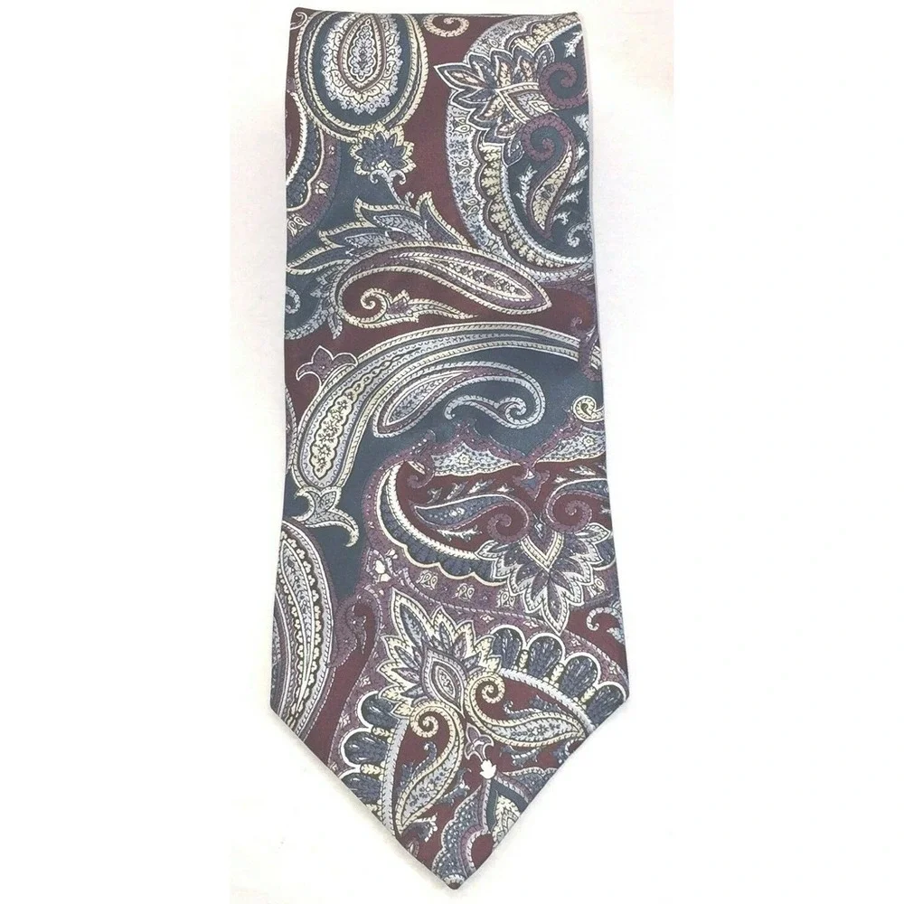 NOS Pierre Cardin Burgundy‎ Blue & Gold Paisley Silk Neck Tie 56