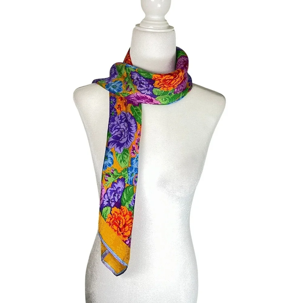 Albert Nipon Vintage Floral Jacquard Silk Square Scarf Gold Purple Hand Rolled‎