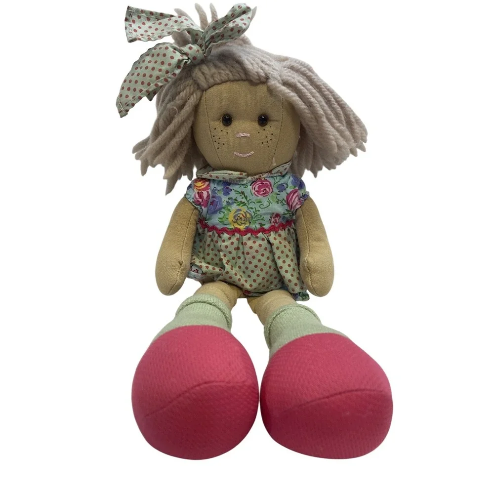 Rag‎ Doll Plush Toy Girl Tan Yarn Hair Floral Dress Polka Dot Bow