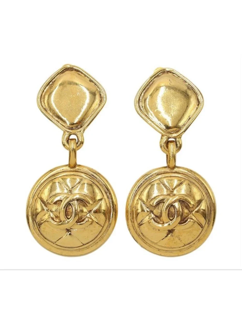 Chanel Quilted Pattern Diamond Round Swing Earrings