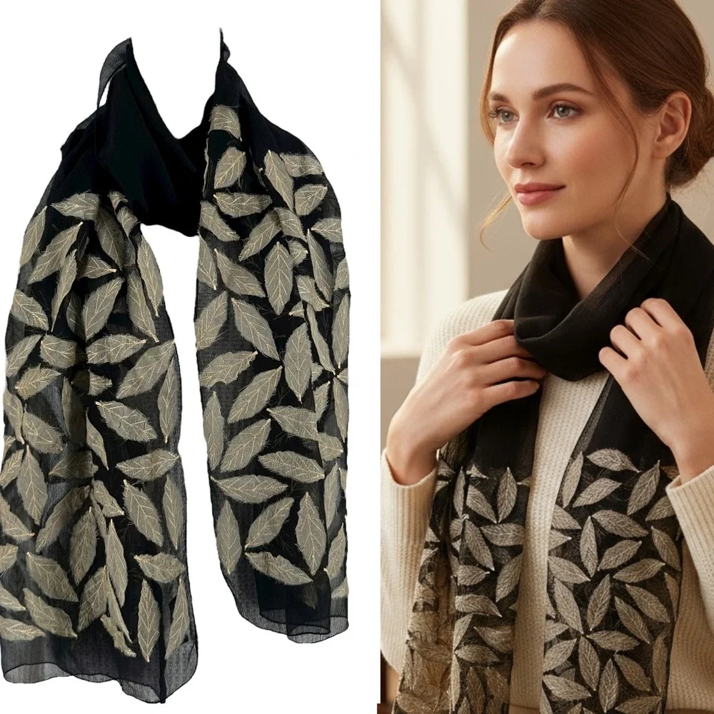 Shawlsmith London Sheer Leaf Print Scarf Womens OS Black Lightweight Wrap Shawl‎