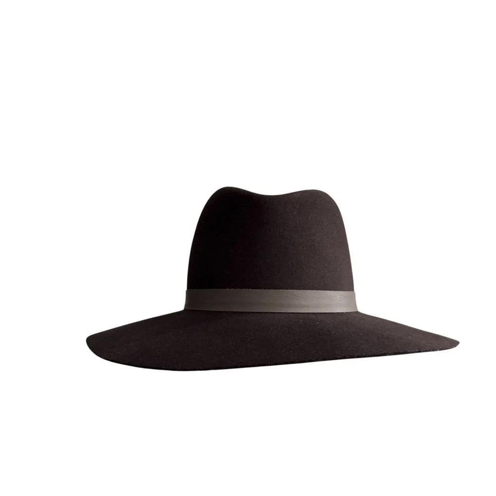 Janessa Leone Cole Hat Brown Wool Wide Brim Fedora Gray Leather Band Large USA