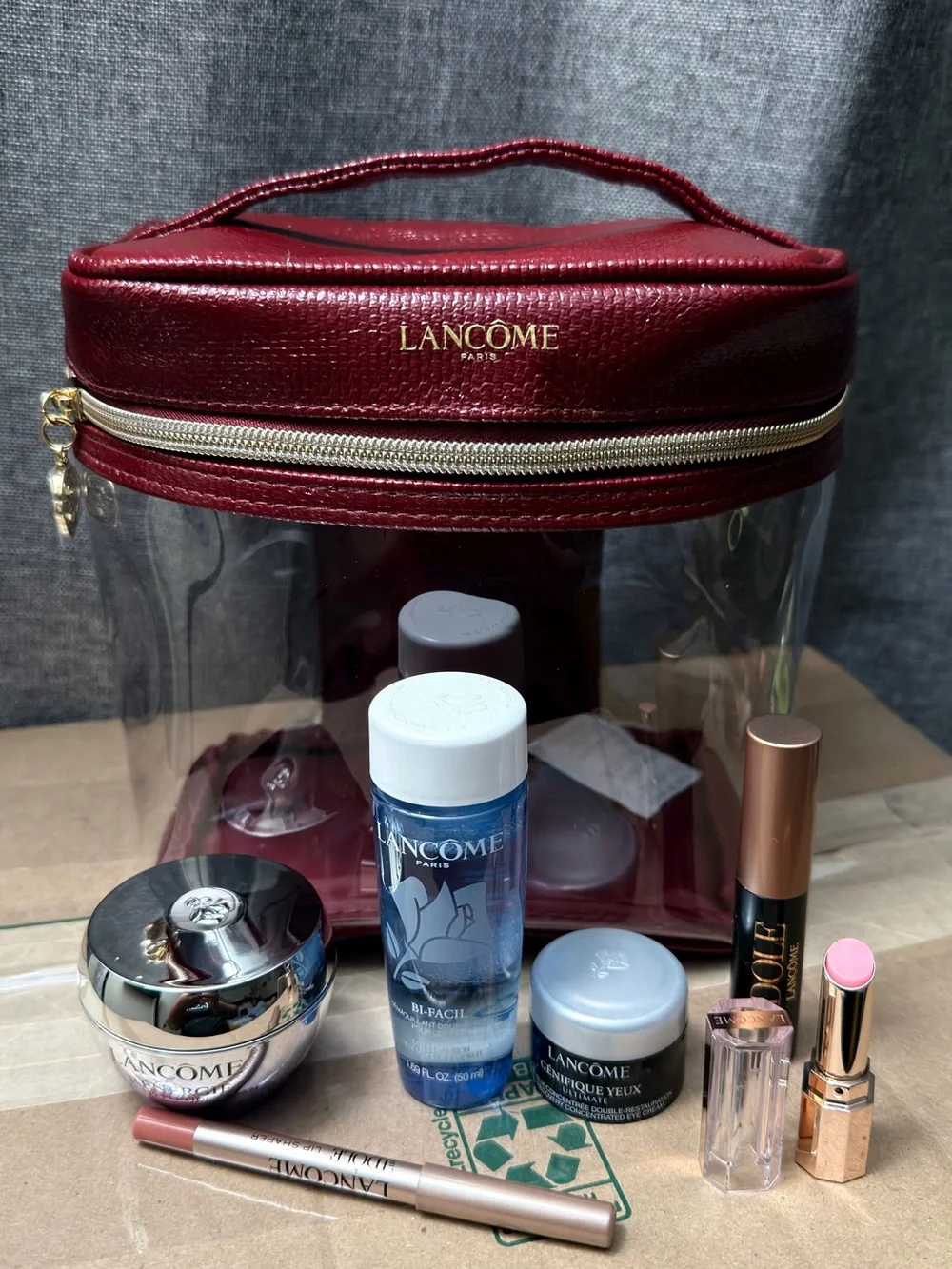 Lancome Burgundy Clear Cosmetic Train Case with Gold Trim