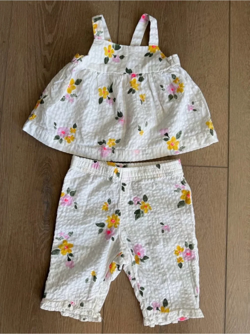 Cat & Jack White Floral Two-Piece Outfit with Yellow & Pink Flowers