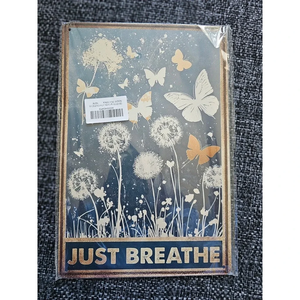 QKIODS Just Breathe Metal Tin Sign Home Decor‎ 8x12 Blue New Butterfly Dandelion
