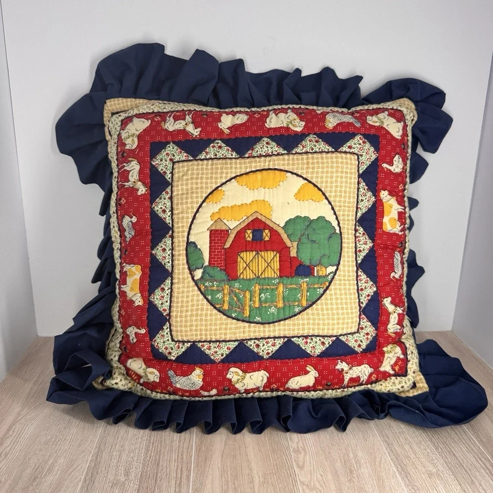 Farmhouse‎ Barn Throw Pillow Quilted Ruffle Edge Country Decor Red Blue