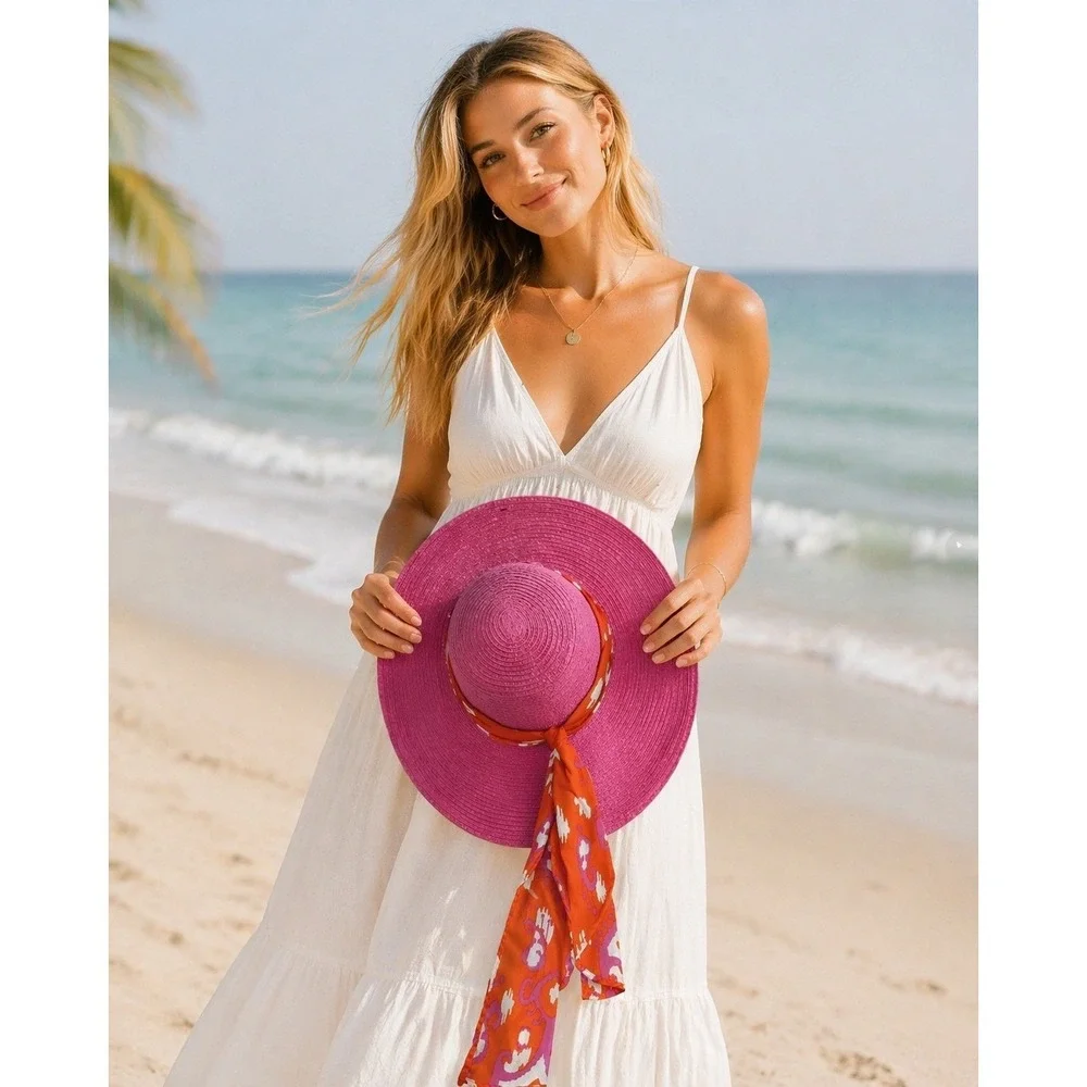 Mud Pie Pink Wide Brim Straw Sun Hat‎ Orange Scarf Floppy Beach One Size