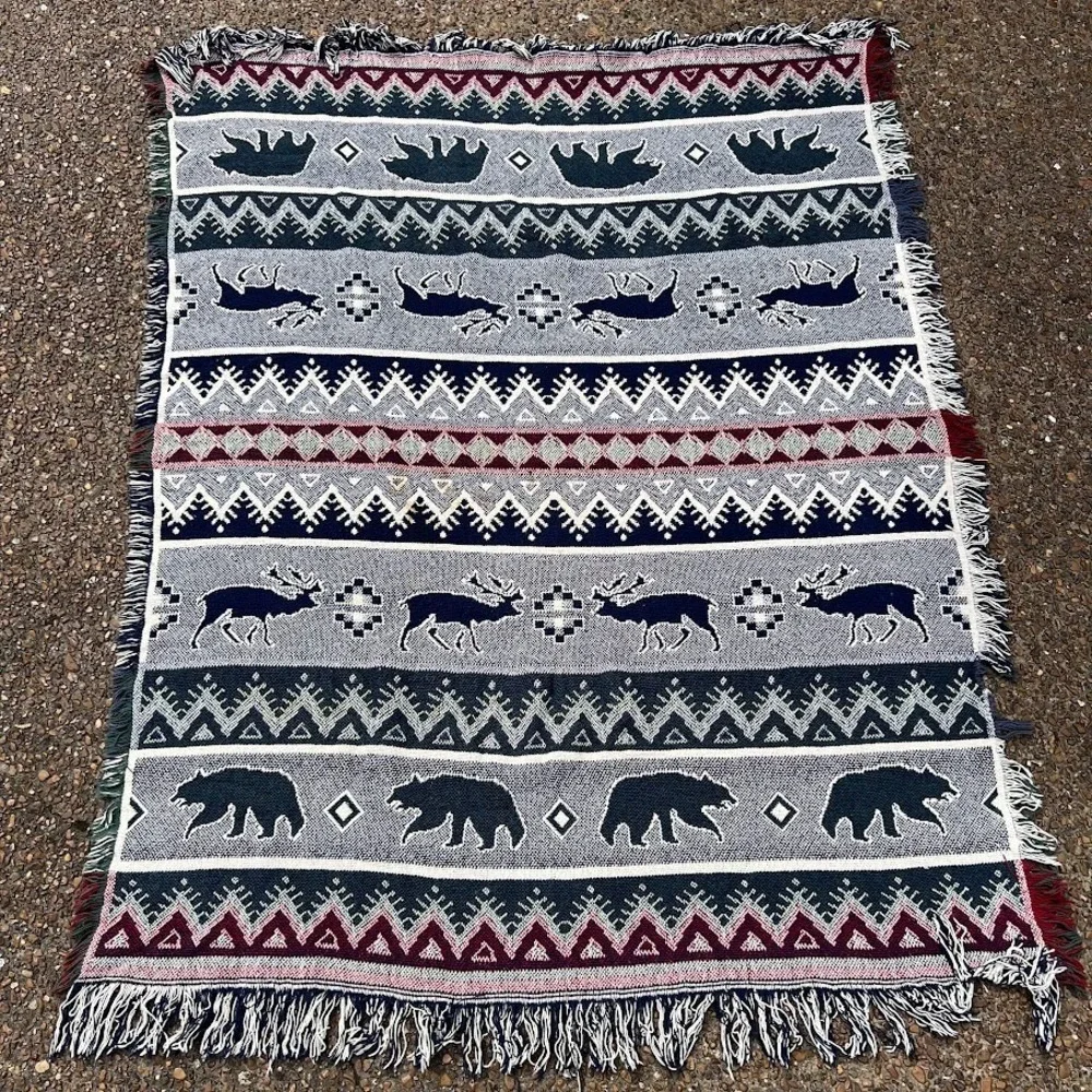 Vintage‎ Geometric Animal Woven Fringe Tapestry Blanket Cabin Lodge