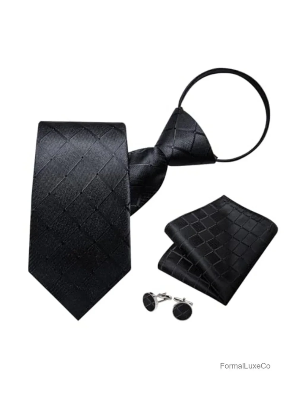 Silk Pre-tied Zipper Tie Set with Pocket Square and Cufflinks Adjustable Formal