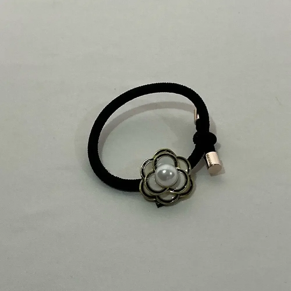 Camellia Flower Black Hair Tie with Gold Flower and Pearl Accent