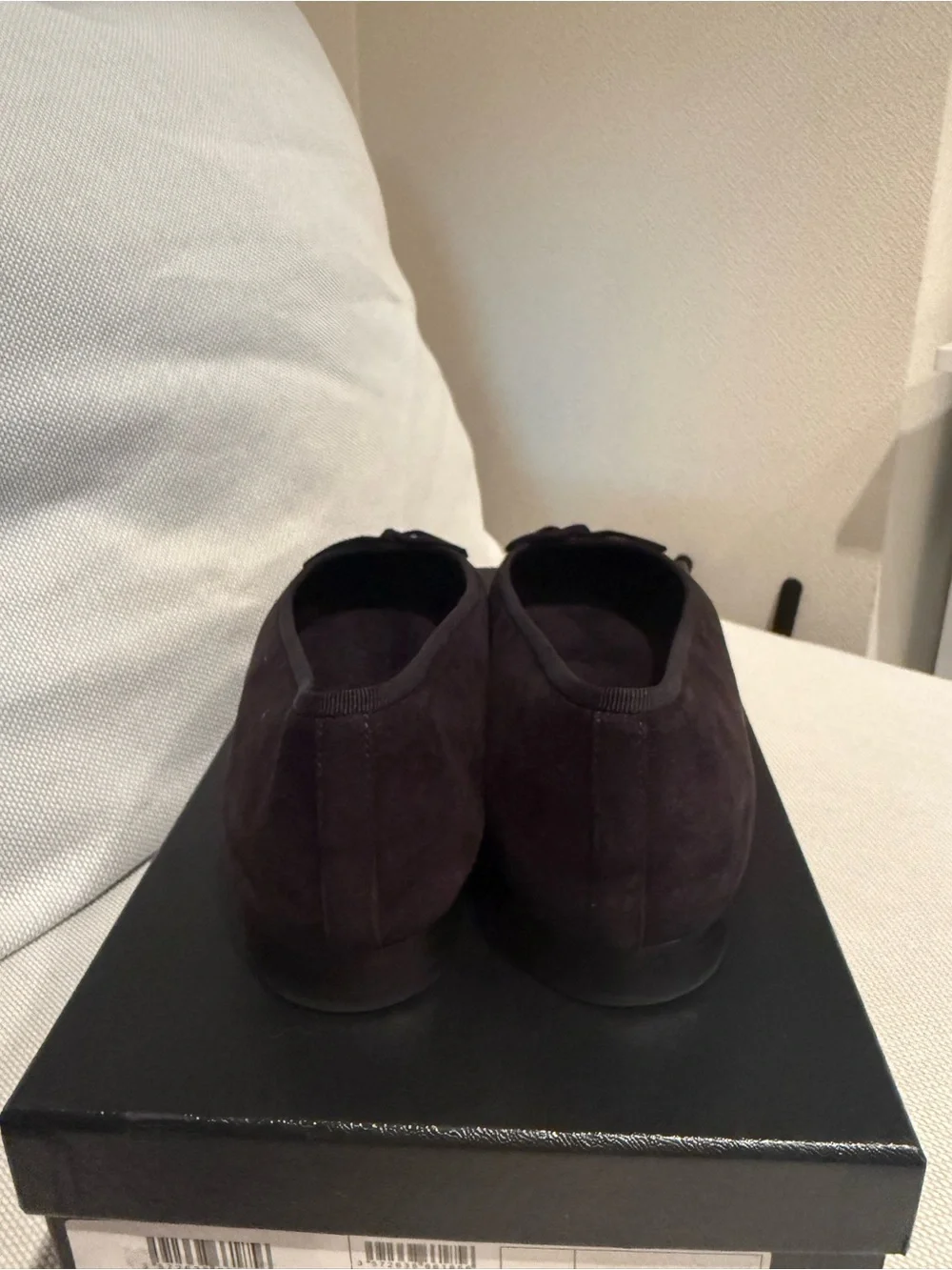 CHANEL black suede Ballet Flats with Cream Patterned Cap Toe
