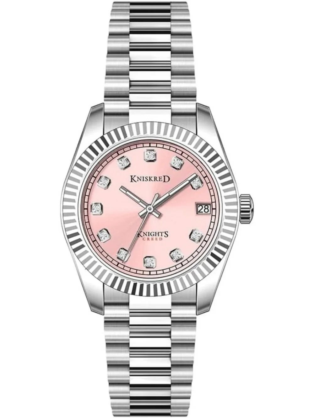 Women's Silver Pink Crystal Accented Dial Solid Stainless Steel Band Wrist Watch