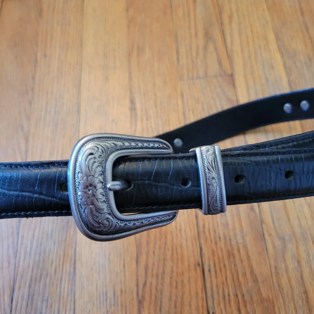 32 Leather Belt Black Western Silver Hardware Conchos Cowboy Bling Rodeo Boho