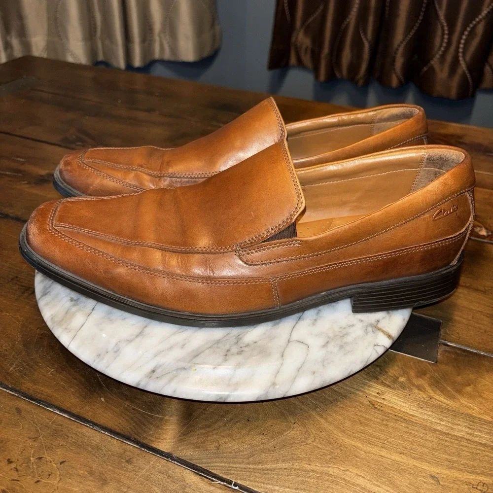 Clarks‎ Collection Shoes Men Sz 11.5 M Brown Leather Slip On Dress Soft Cushion