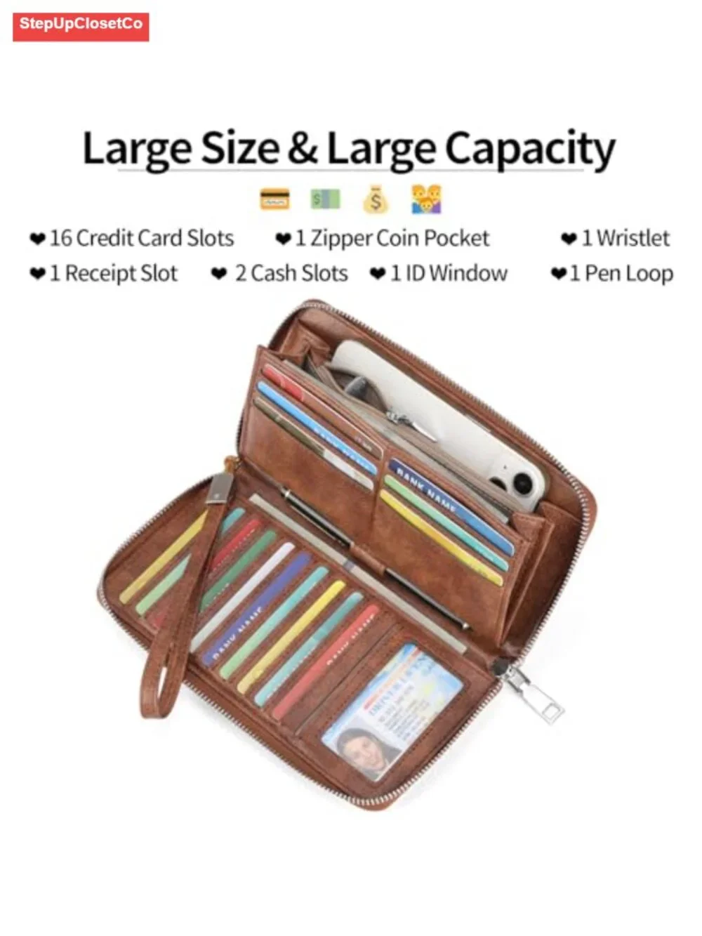 RFID Blocking Vegan Leather Wristlet Wallet Large Capacity Zip Around Clutch